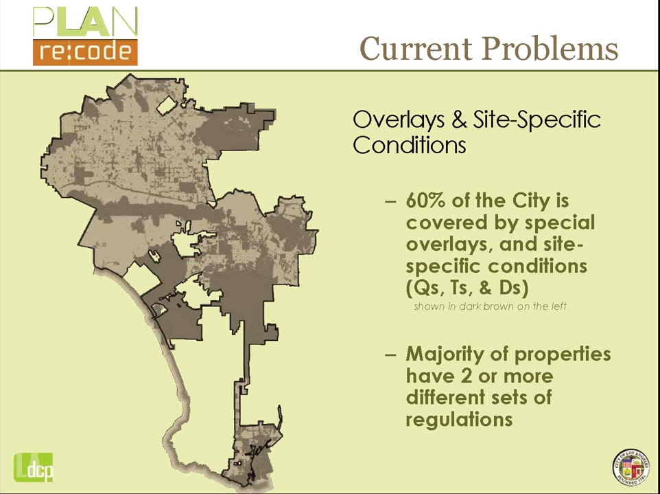60% of city is subject to special overlays and site-specific conditions as well as different and sometimes competing sets of regulations. (The darker brown areas). Source: City Planning