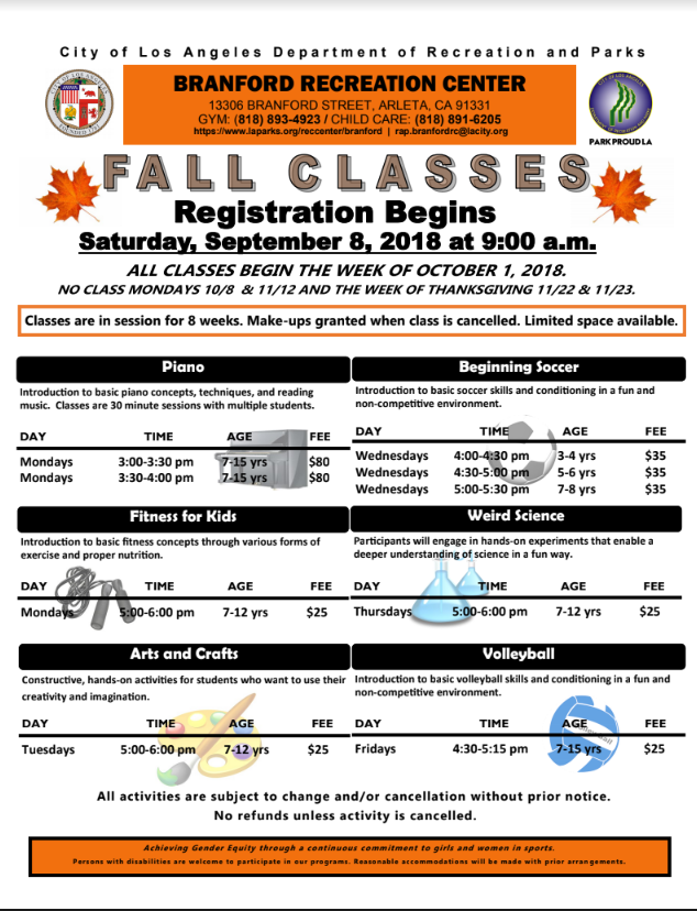 New Fall Classes at Branford Recreation Center