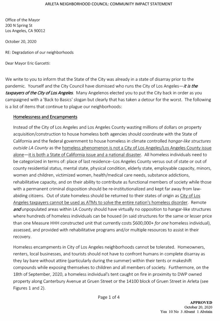 Areleta Neighborhood Council Letter to Mayor Garcetti