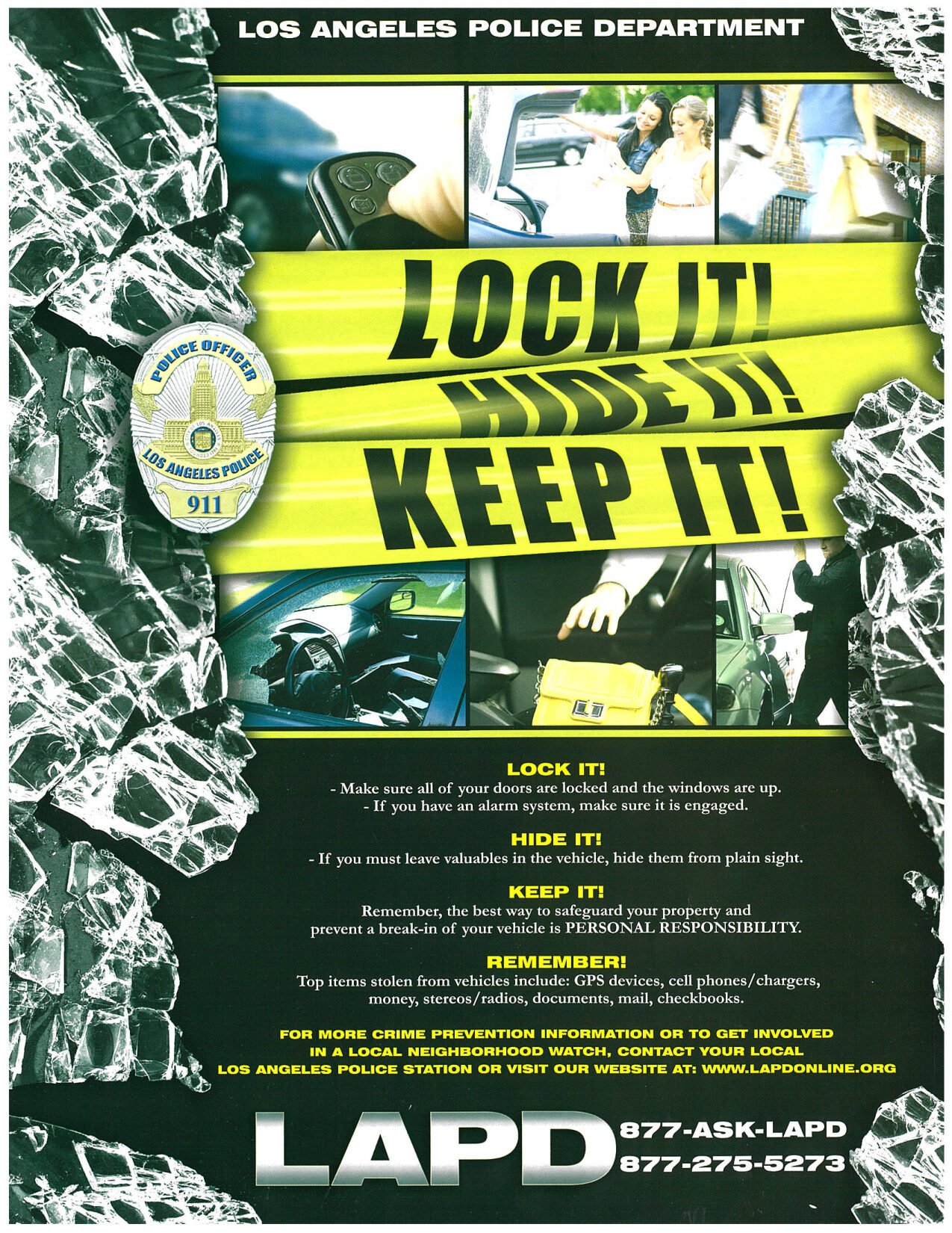 LAPD Crime Prevention Reminder: Lock It, Hide It, Keep It / Asegure, Esconda, Mantenga